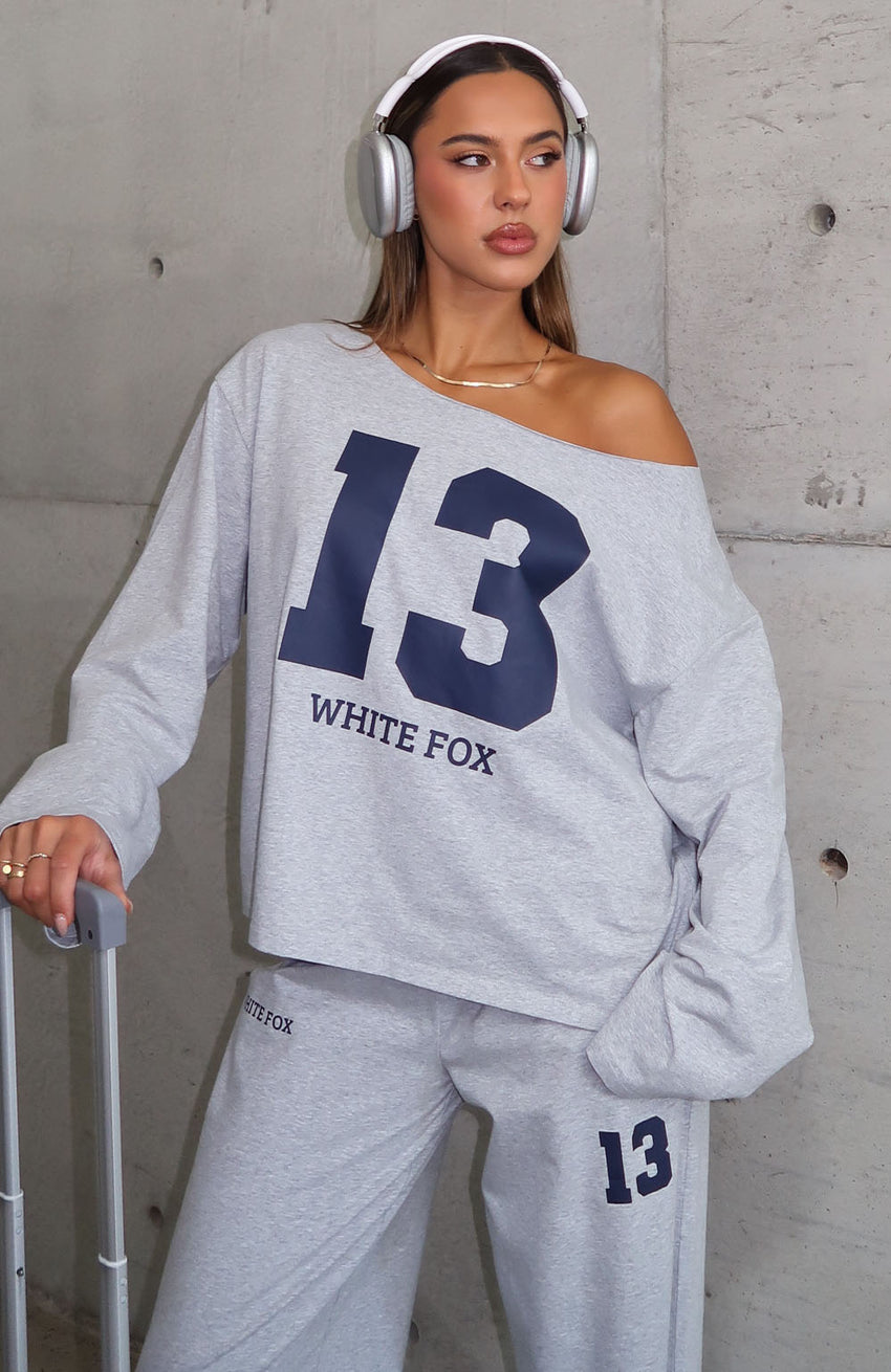 Only One Left Off Shoulder Oversized Long Sleeve Tee Grey Marle